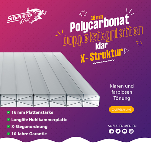 Polycarbonat Doppelstegplatten 16 mm X-Struktur klar/farblos