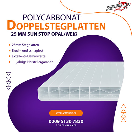 Polycarbonat Doppelstegplatten 25 mm Sun Stop opalweiß
