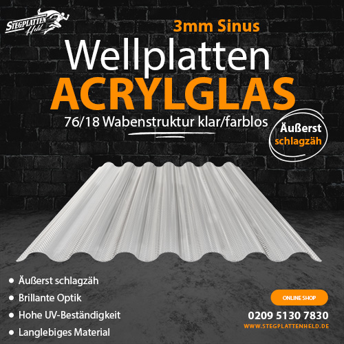 Wellplatten Acrylglas 3mm Sinus 76/18 Wabenstruktur klar/farblos